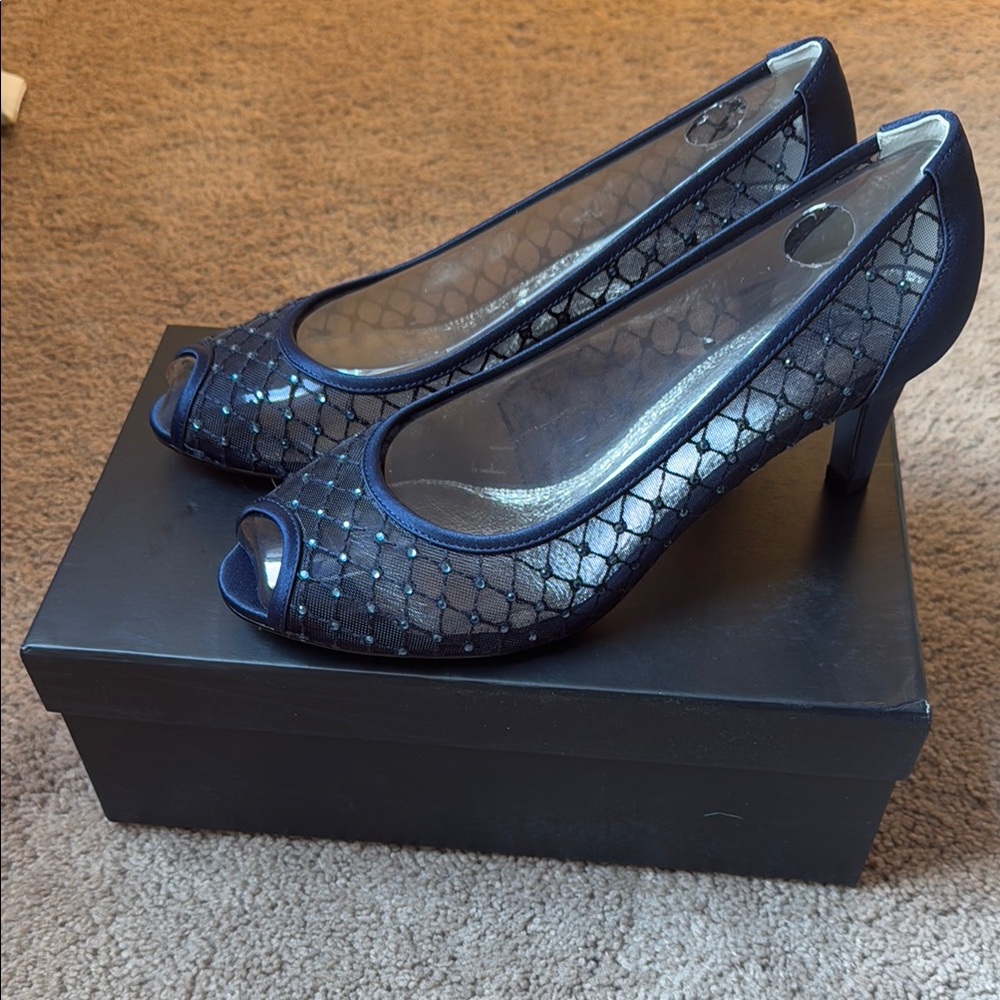 New Adrianna Papell Navy Peep-Toe Rhinestone Mesh Heels
